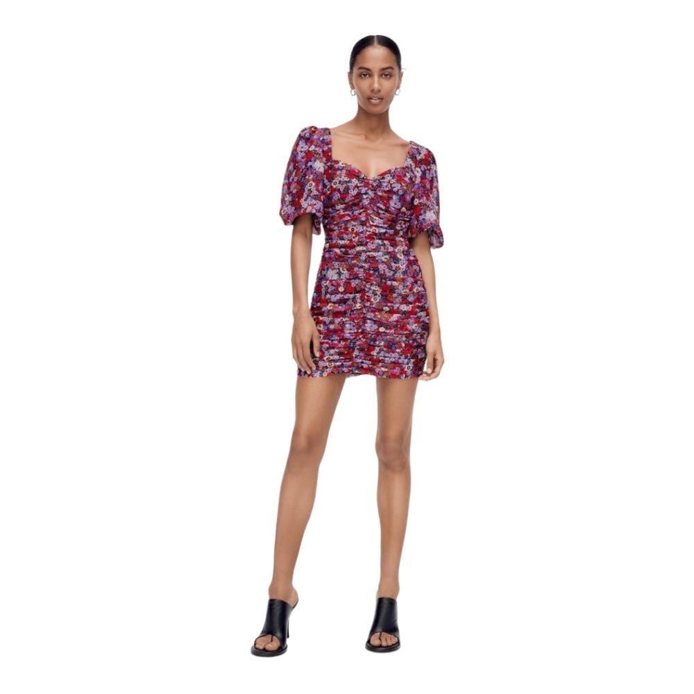 🆕 Zara Puff Sleeve Floral Ruched Mini Dress | XS - Picture 3 of 8